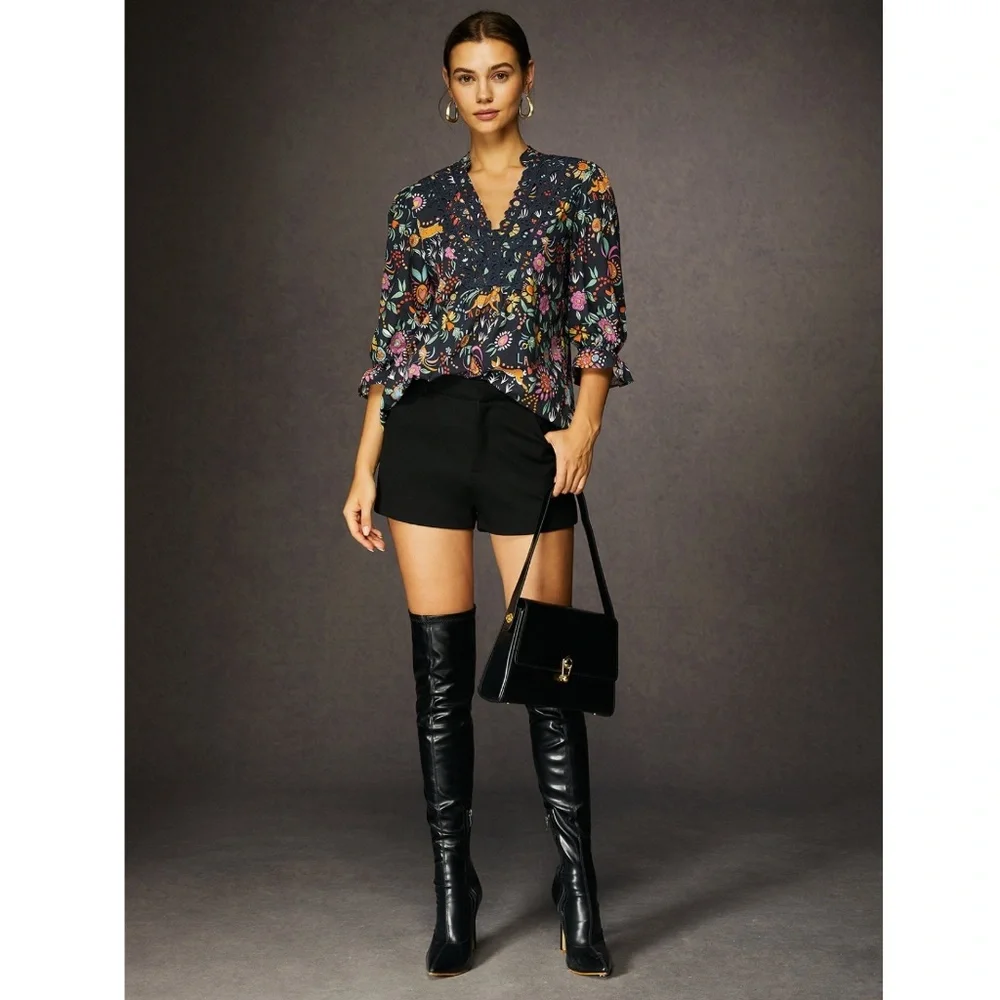 StyleWe, V-Neck Printed Floral Black Multicolored Blouse, Size L - Picture 4 of 7